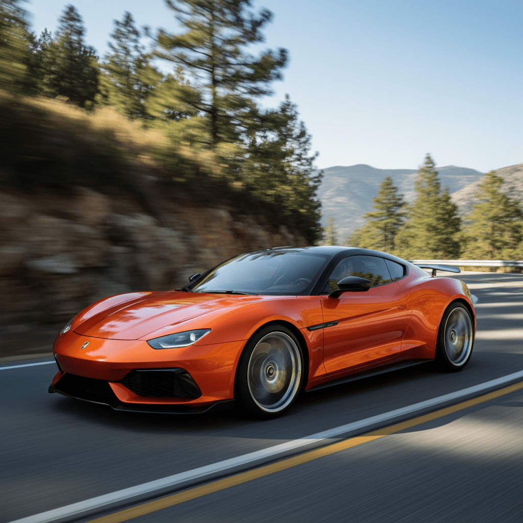 Vibrant orange sports car speeds along a winding mountain road with dynamic motion blur.