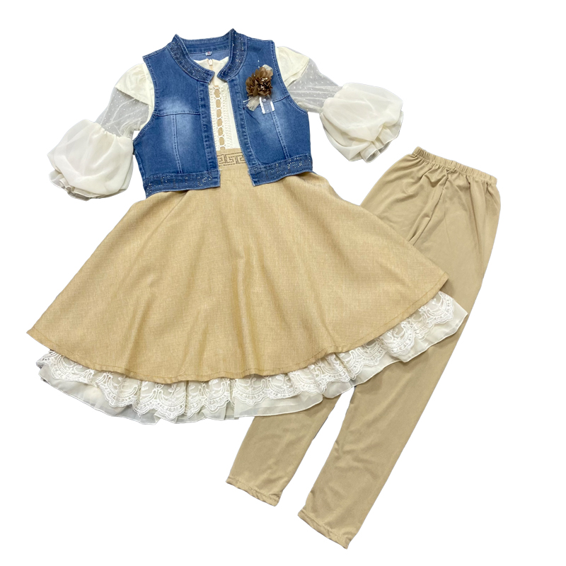 Джинсовая трехступенчатая юбка для девочек, комплект детской одежды из хлопка и льна, 2021