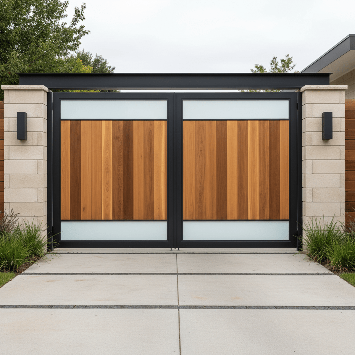 Modern cedar wood gate with steel beams and frosted glass, bathed in diffused daylight.