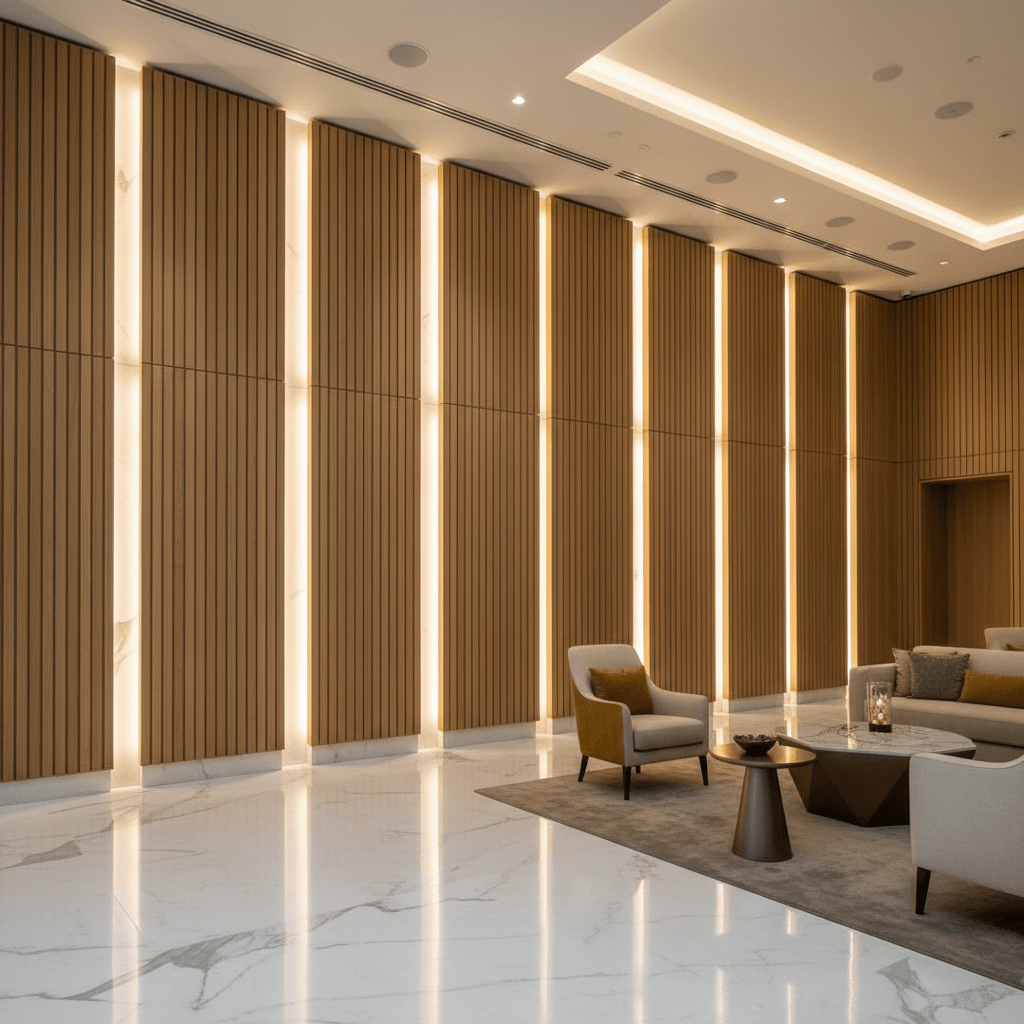 Elegant hotel lobby accent wall with vertical oak slats and hidden LED lighting.