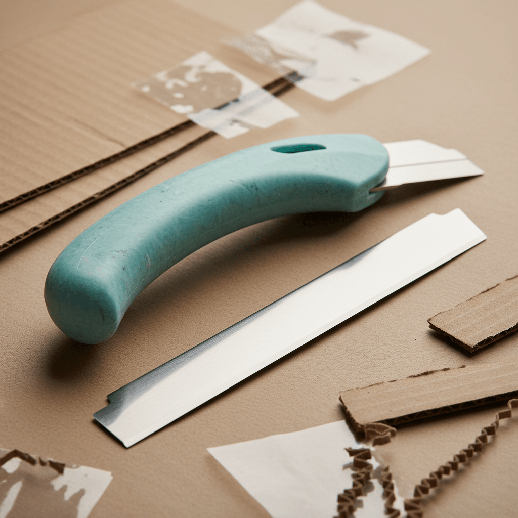 Modern sustainable cutter with reclaimed plastic grip and silver blade on recycled paper.