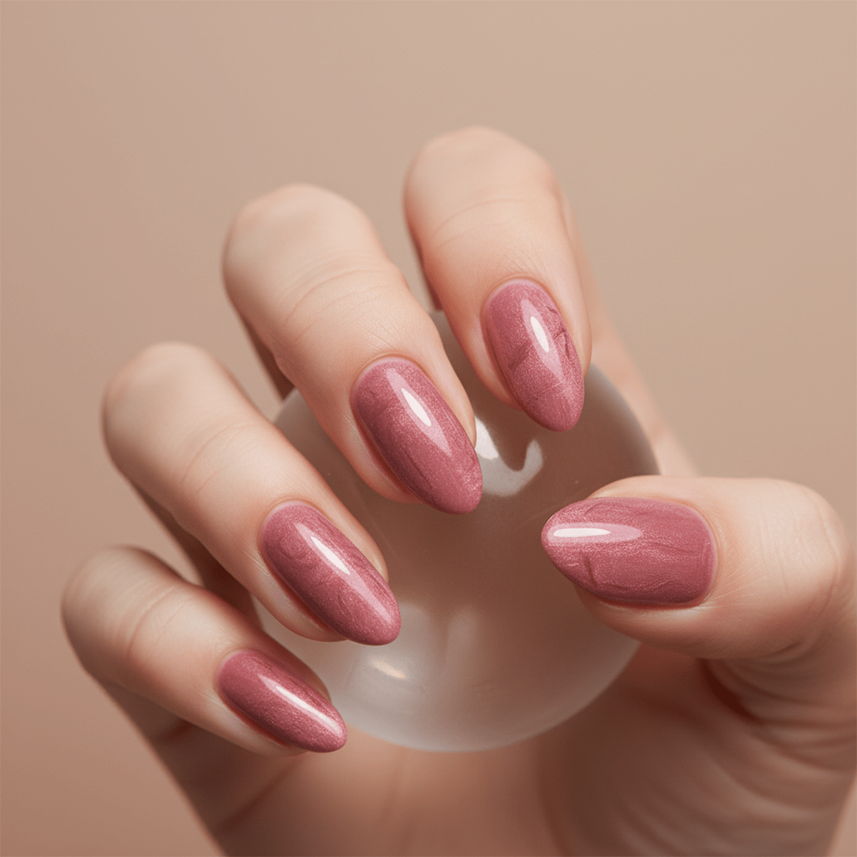 Close-up of dusty pink velvet nails with rose petal texture and shifting shimmer.