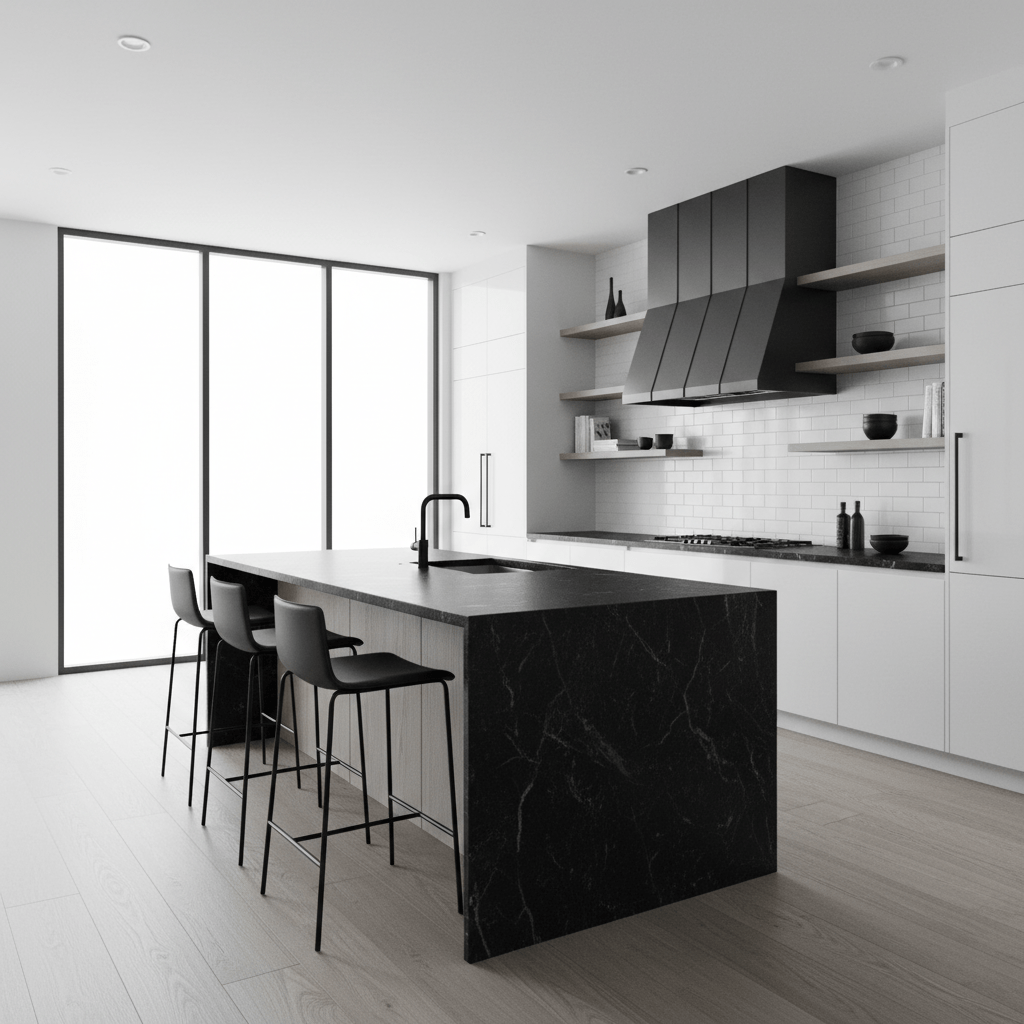 Sleek modern kitchen with black granite, white tile, and warm oak wood accents.