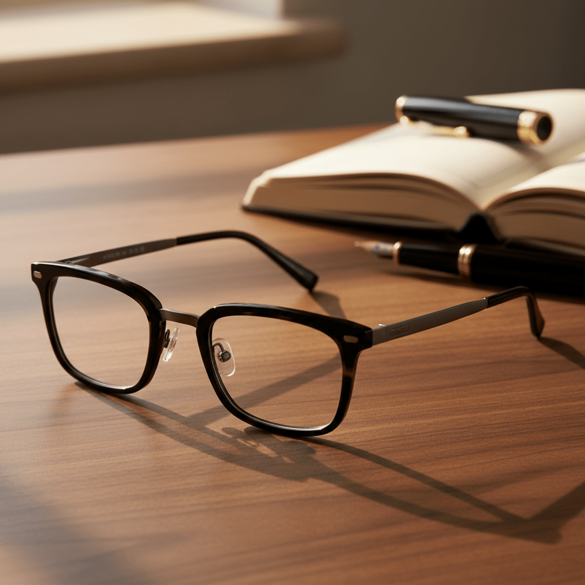 Close-up of contemporary browline eyeglasses with acetate brows on a wooden desk.