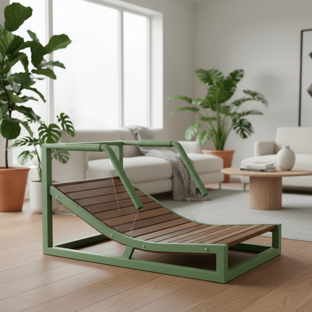 Modern sage green dog treadmill integrated into a minimalist living room.