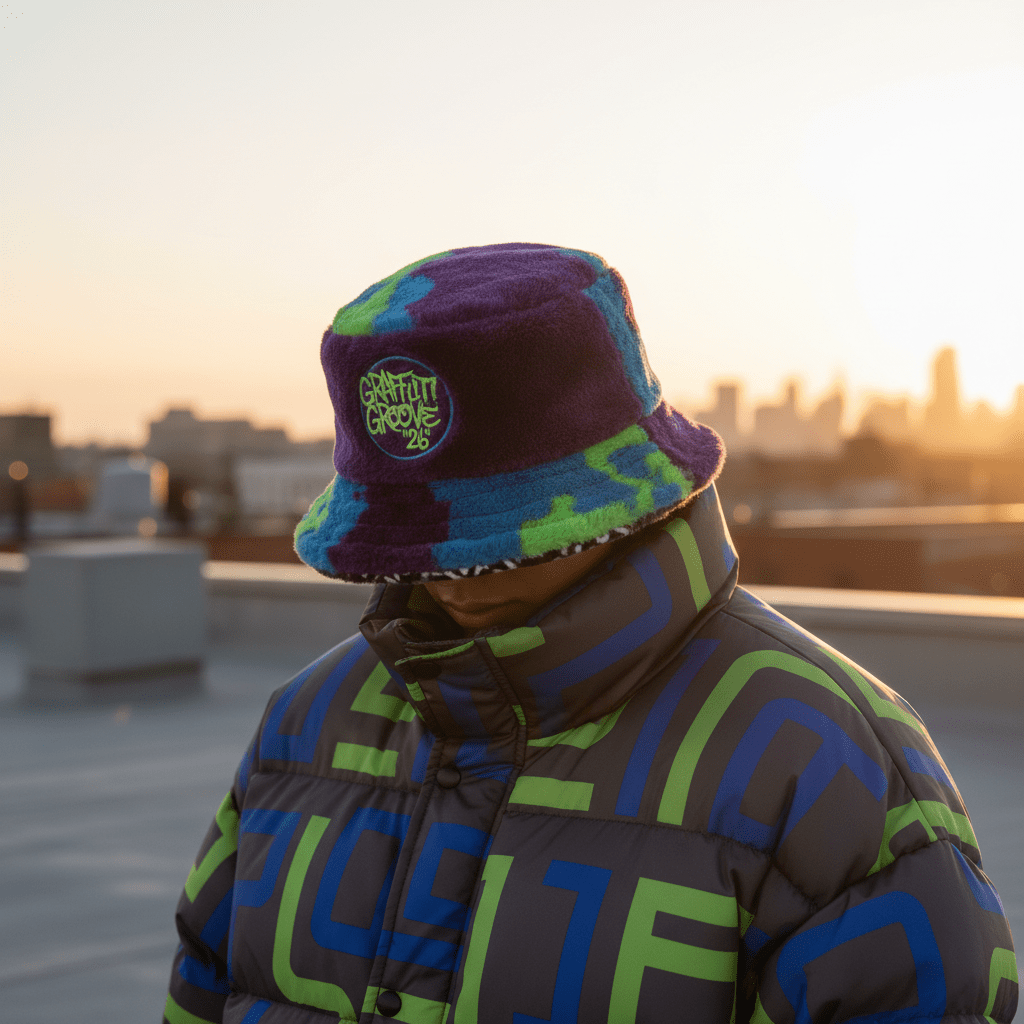 Plush faux fur bucket hat and streetwear jacket on an urban rooftop at golden hour.