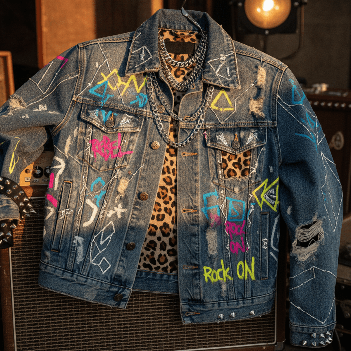 80s rock-inspired distressed denim jacket with laser-cut patterns and graffiti symbols.