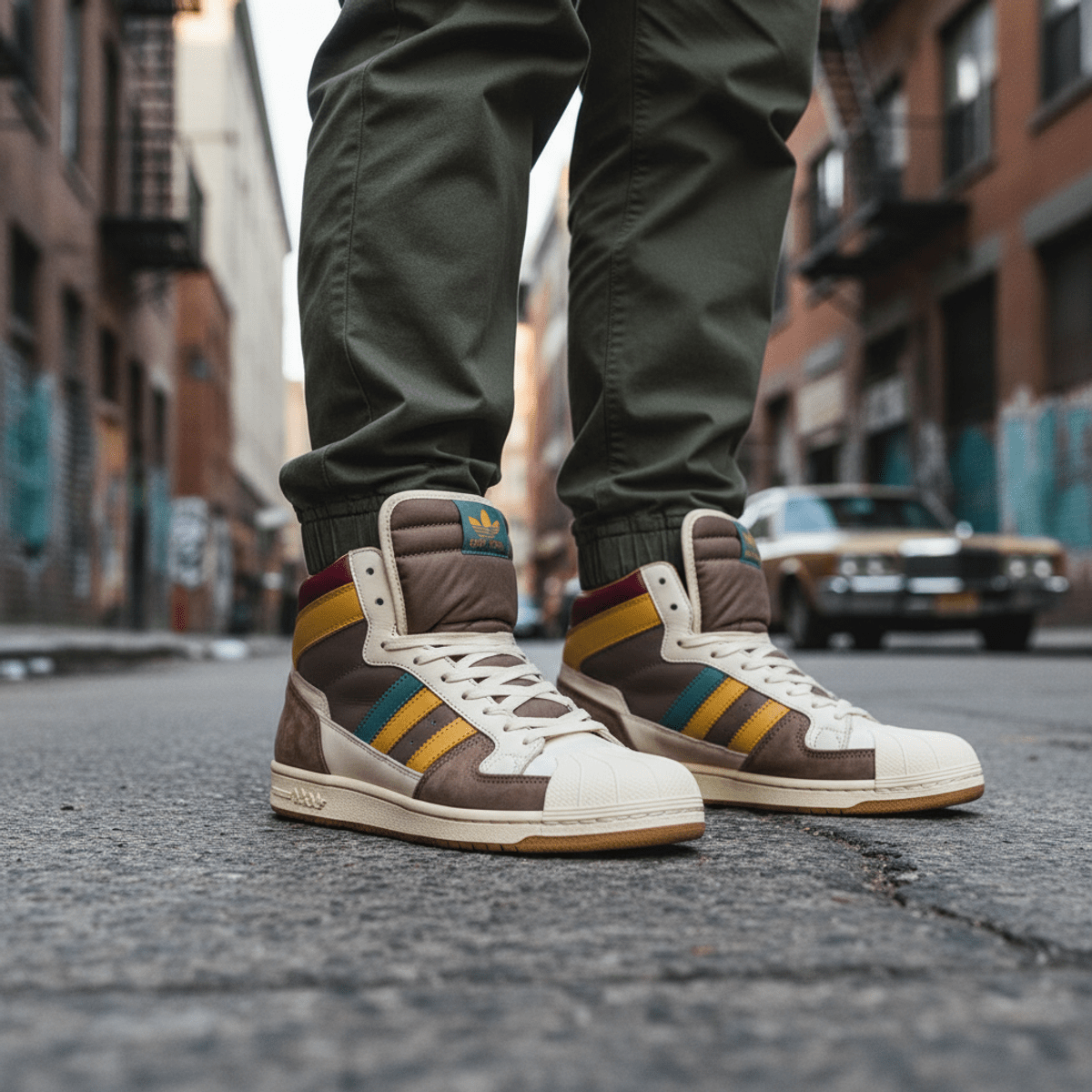80s urban suede high-top sneakers on concrete with muted retro colors.
