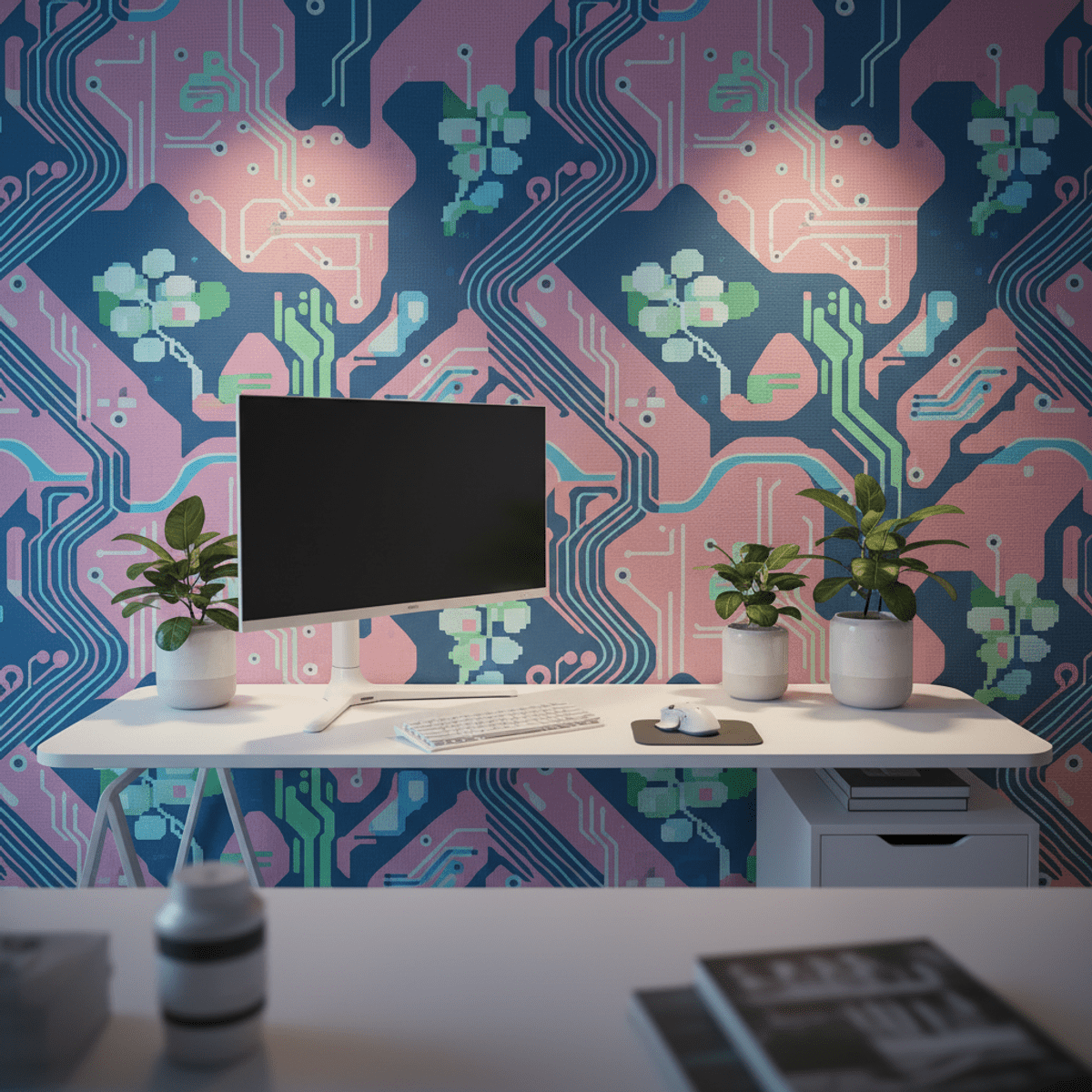 Tech-forward home office with vibrant glitch wallpaper Retro-futurist wallpaper with glitch patterns and pixel flora in a modern home office.