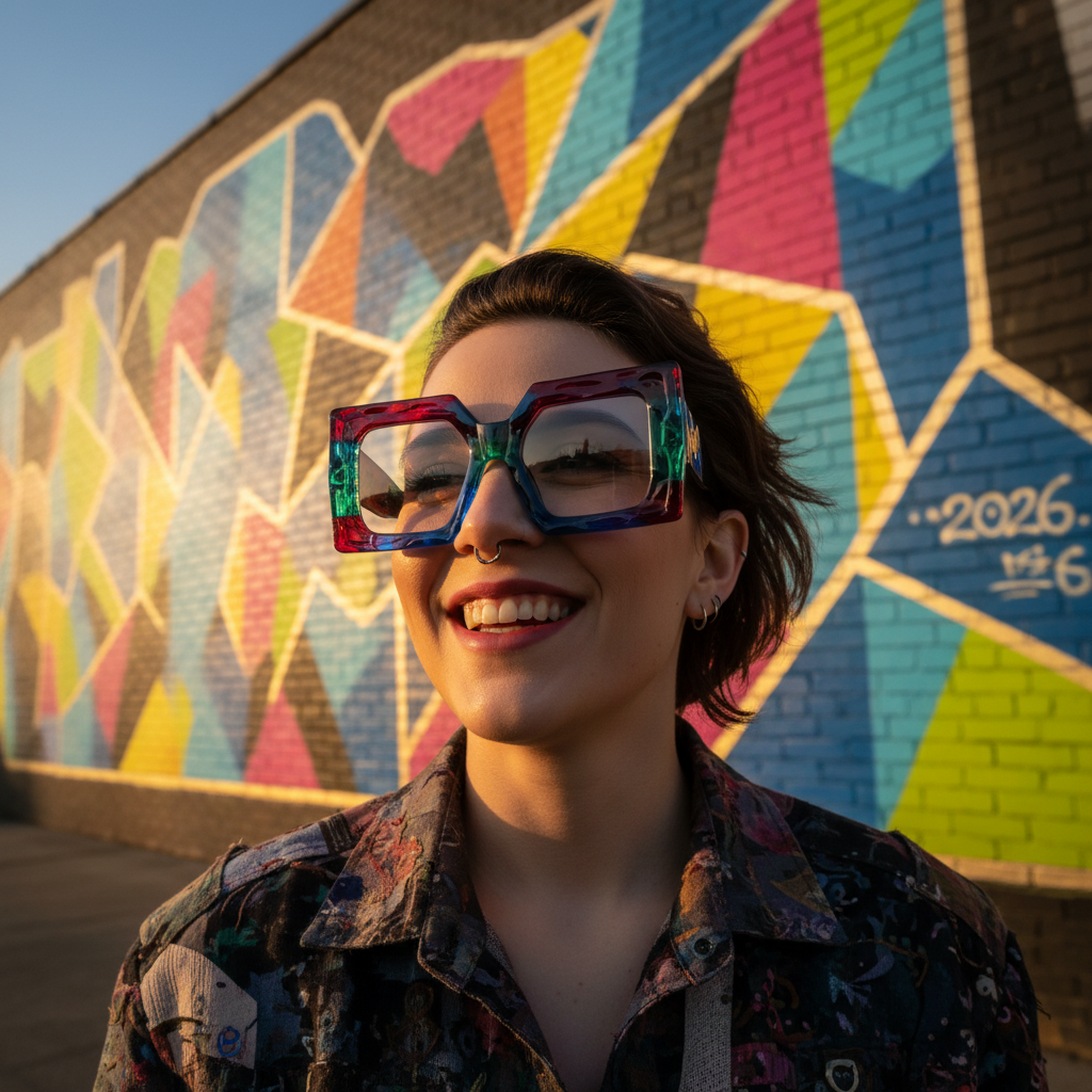 Bold geometric eyeglasses in jewel tones against a colorful urban mural.