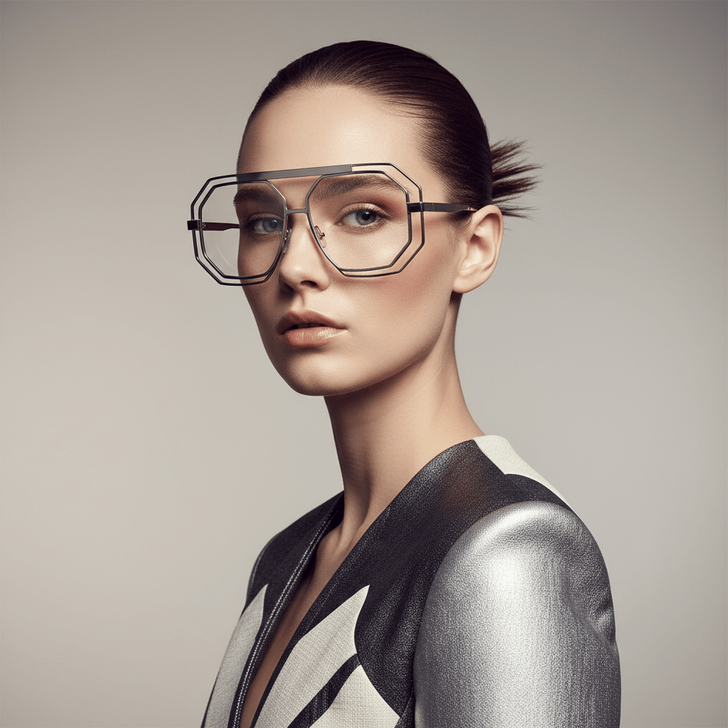 Fashionable model wearing oversized geometric metal eyeglasses with hexagonal and octagonal frames.