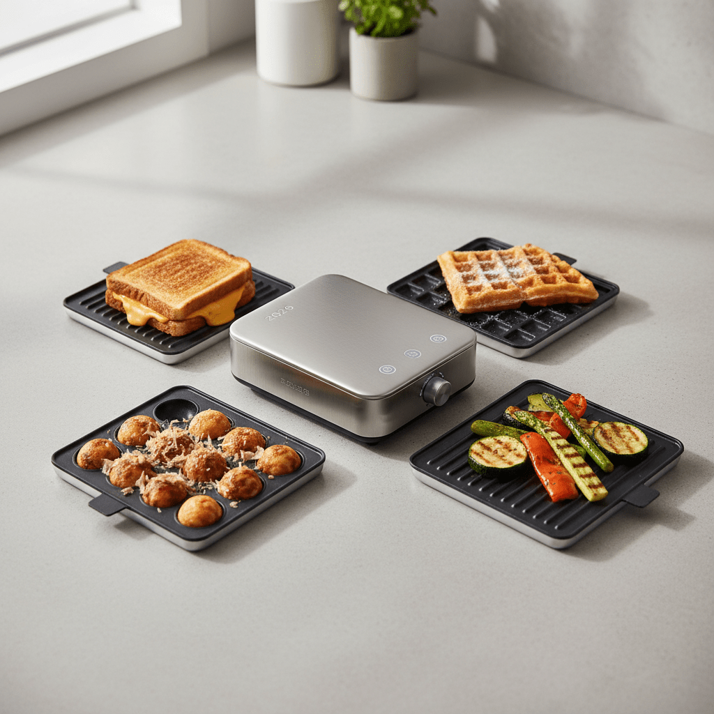 Compact toaster base with interchangeable plates for waffles, takoyaki, and grilling.