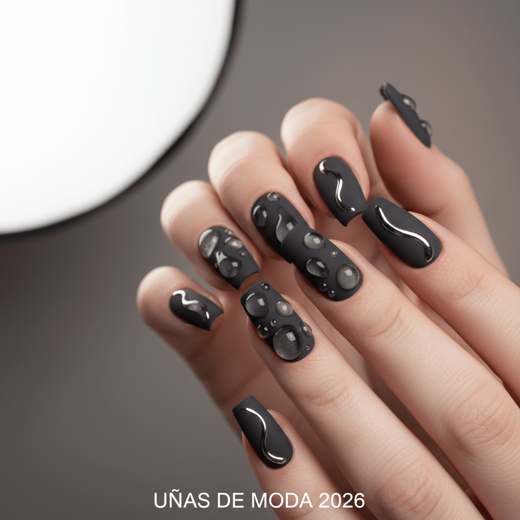 Fashionable nails with sculptural water droplet gel design on matte charcoal.