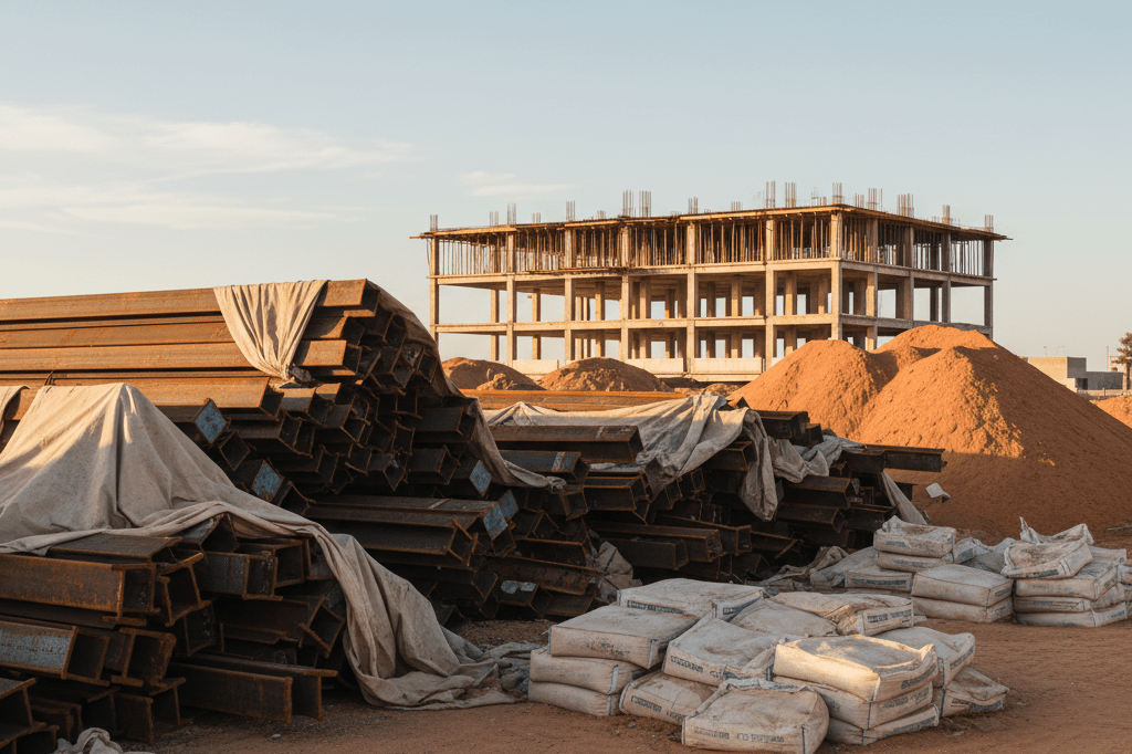 Construction site with building materials under natural light symbolizing increased costs and supply chain challenges