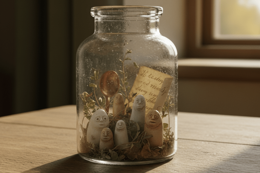 Antique Apothecary Jar Containing Handcrafted Homunculus Figurines Medium shot of a vintage glass jar on wooden table holding tiny ceramic homunculi figures, with herbs and alchemical props in soft natural light
