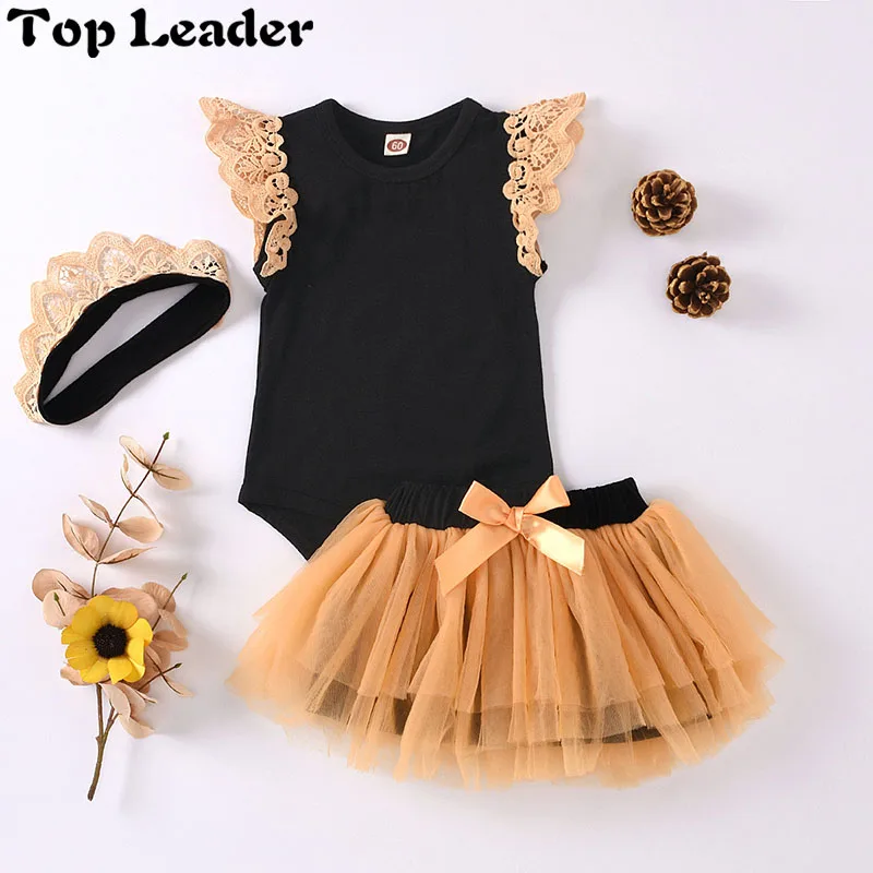 Комплект из 3 предметов, милое летнее платье для маленьких девочек; Спортивный костюм для малышей из хлопка; Комплекты повседневной одежды кружевной комбинезон с кружевным гофрированным воротником для девочек + юбка-пачка + повязка на голову, одежда для м