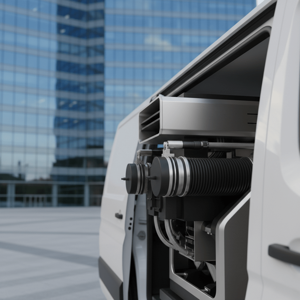Truck mount carpet cleaner installed in a modern service van outside a corporate building.