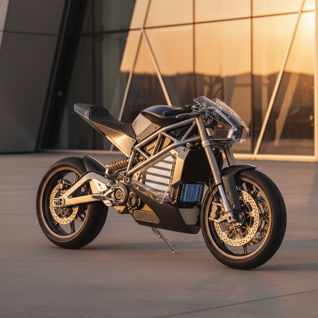 Futuristic electric motorcycle concept with titanium frame, transparent battery panels in golden hour light.