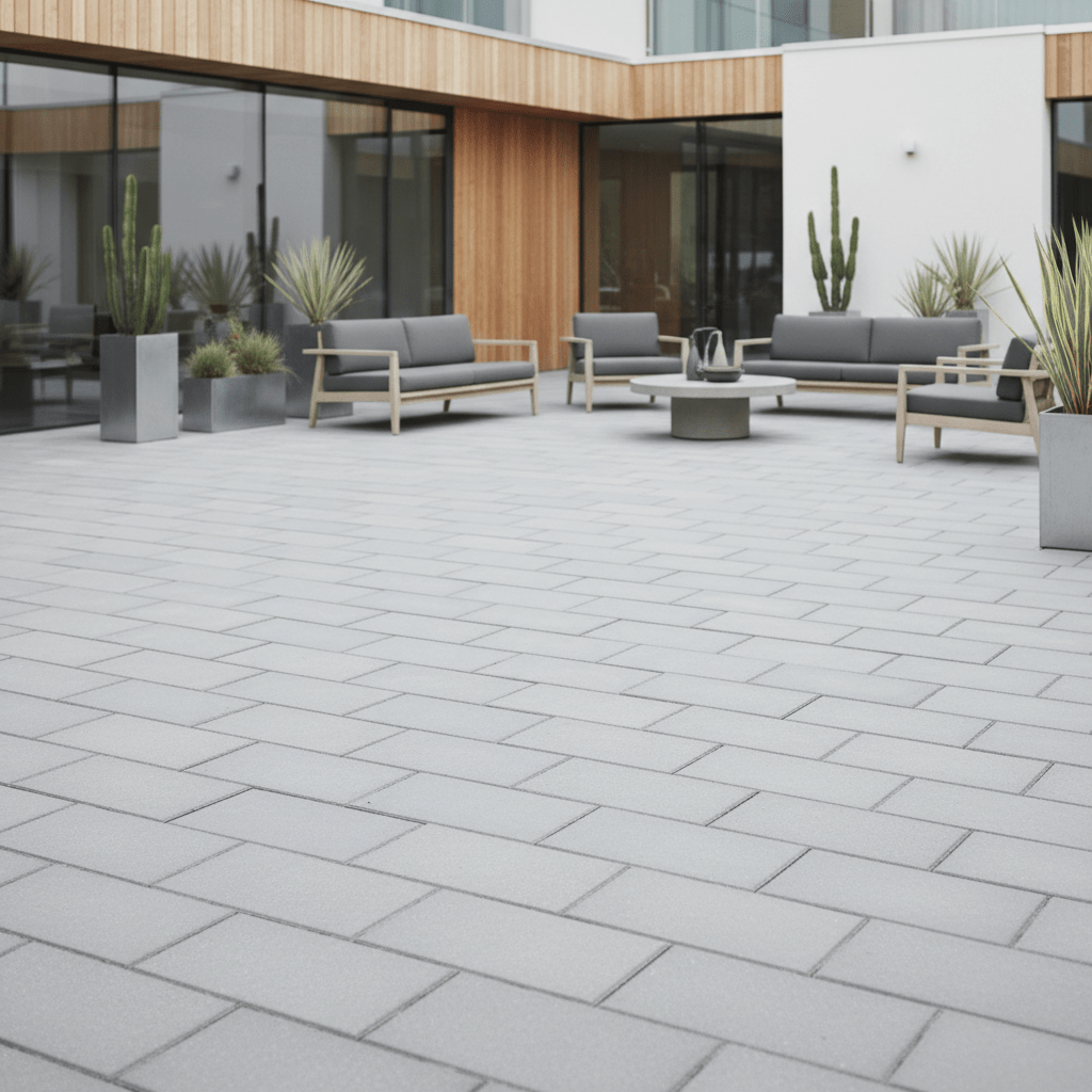 Minimalist outdoor courtyard with grey concrete pavers and modern furniture.