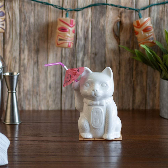 Ceramic Lucky Cat Tiki Mug Set - 14 oz Porcelain Mugs for Home