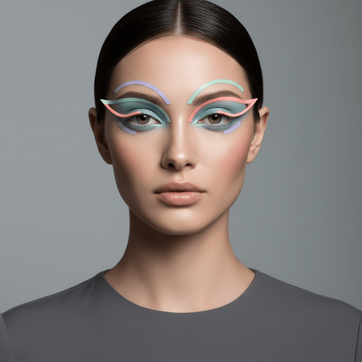 Fashion-forward graphic eye makeup with pastel arcs and sculpted cheeks.