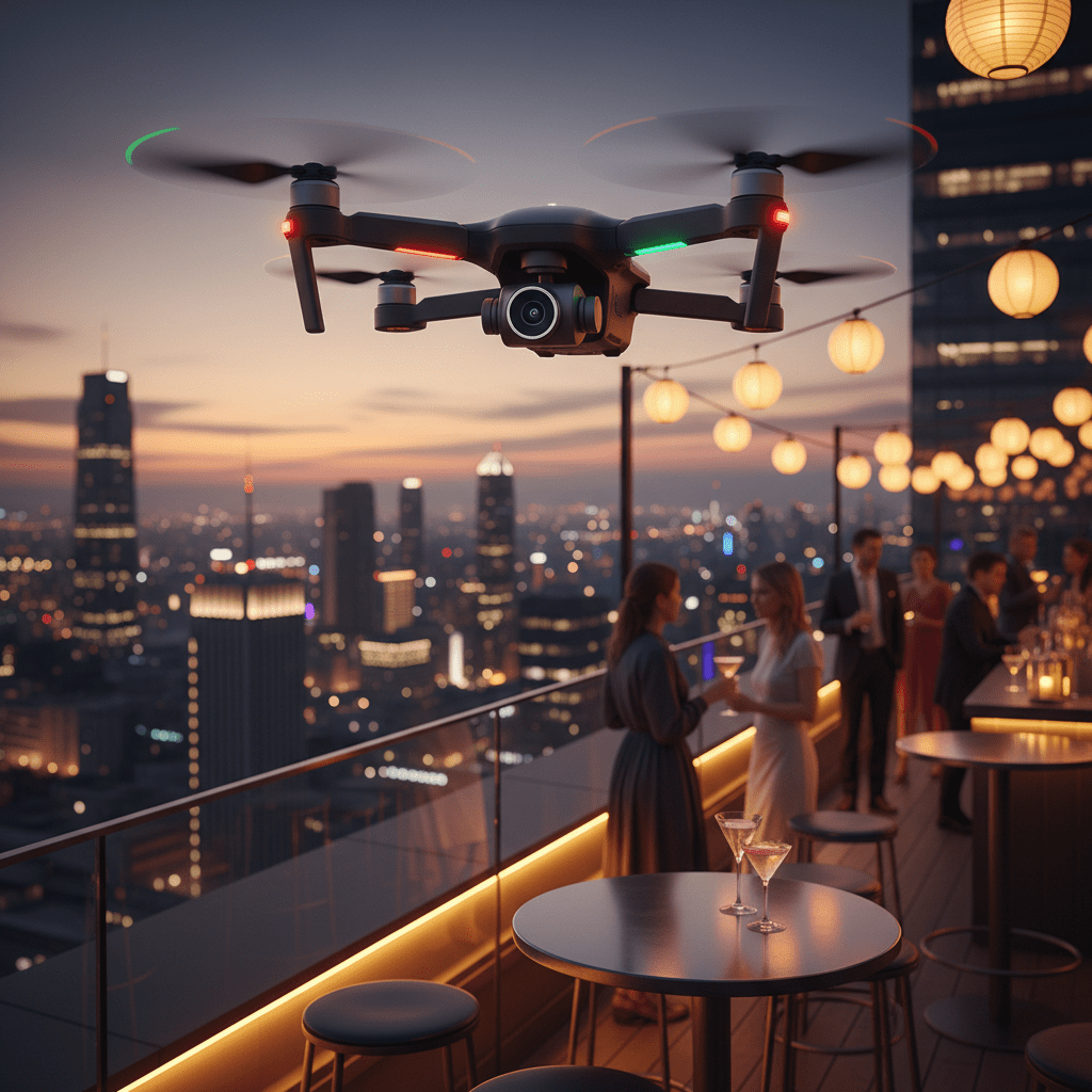 Drone captures rooftop bar with city skyline at night, golden hour tones.