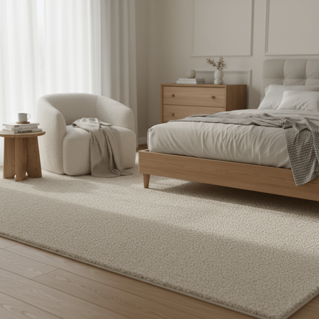 Serene bedroom with plush ivory boucle carpet, wood furnishings, and a cozy reading nook.