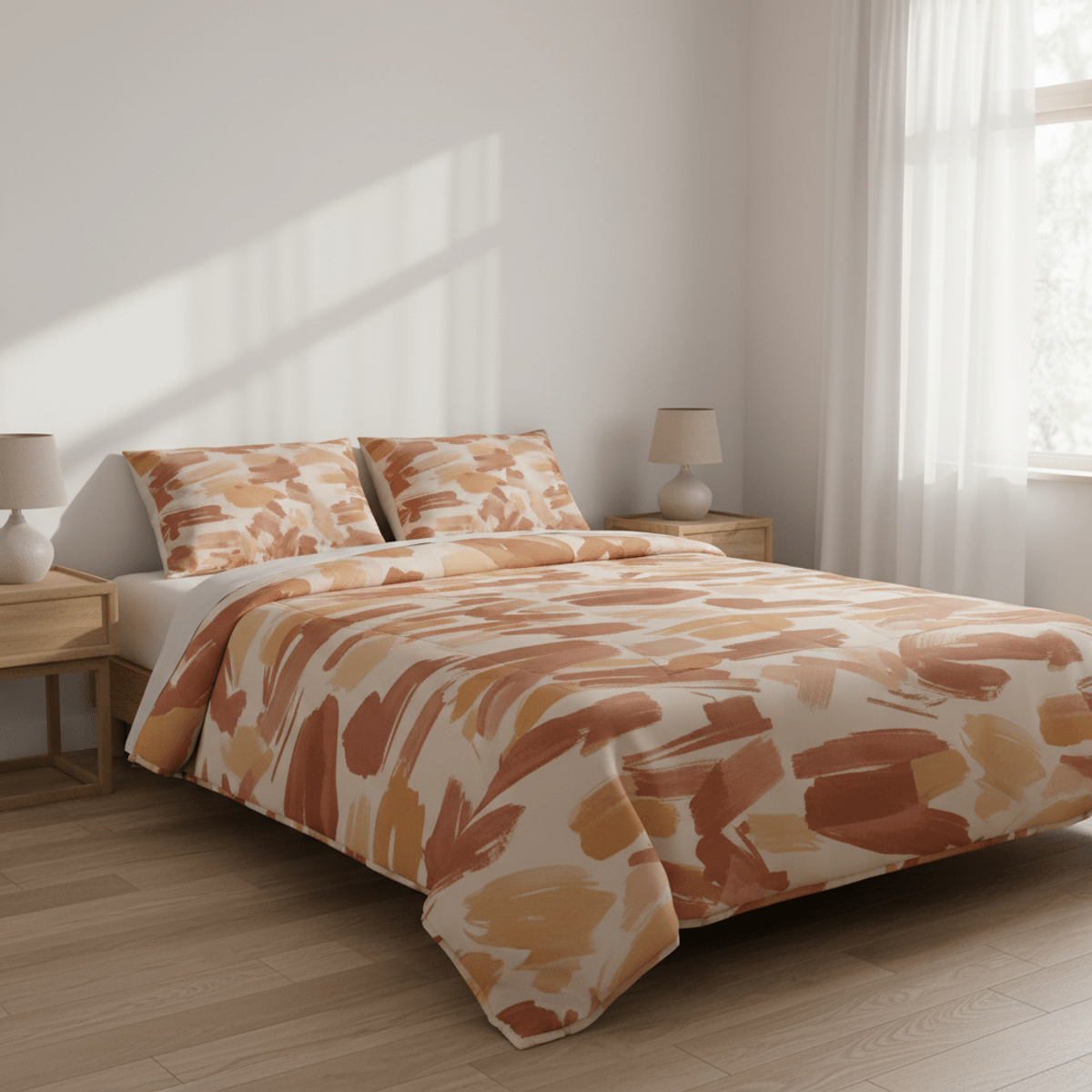 Modern bedroom features a comforter with warm terracotta and ochre abstract brushstrokes.
