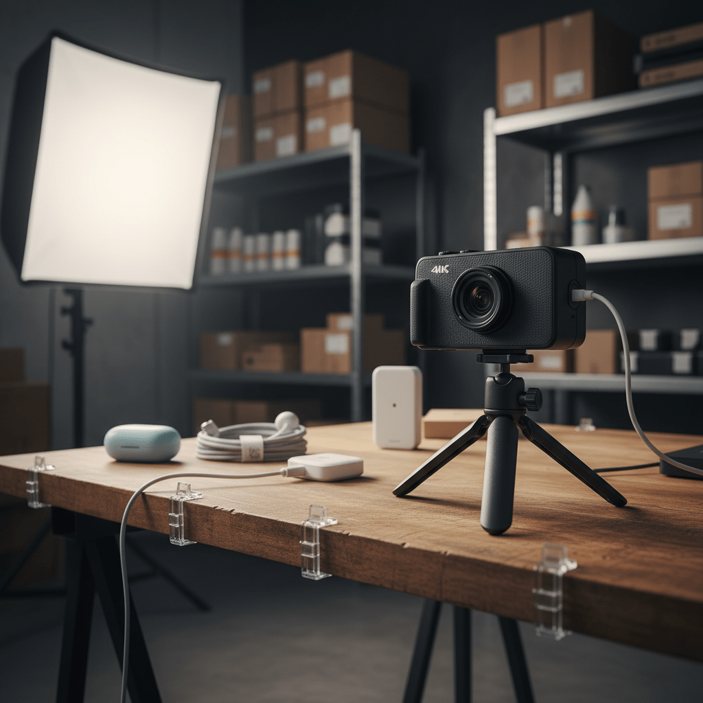 Budget 4K streaming webcam setup in a warehouse with product samples and cinematic lighting.