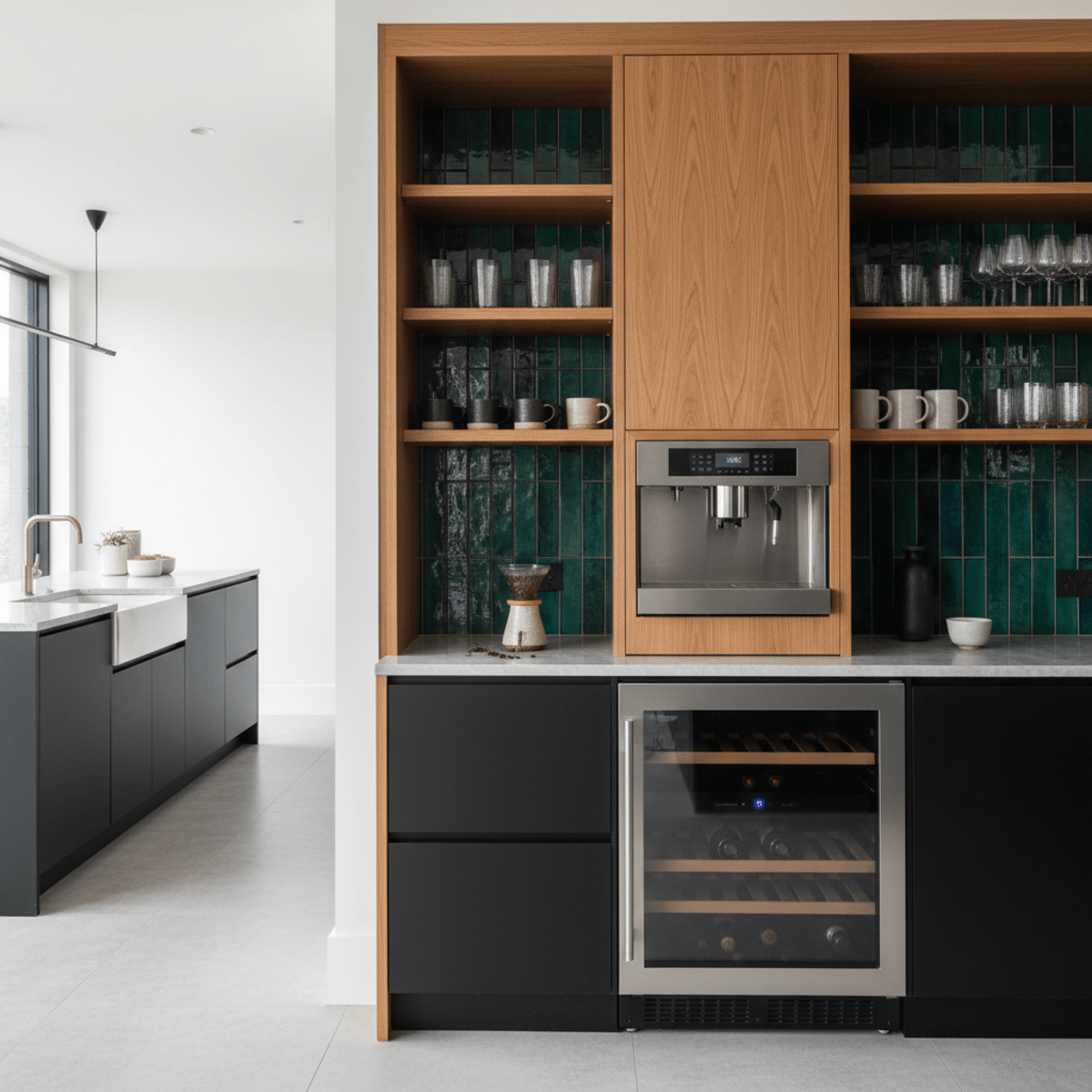 Modern kitchen beverage station with matte black and wood cabinets, emerald tile.