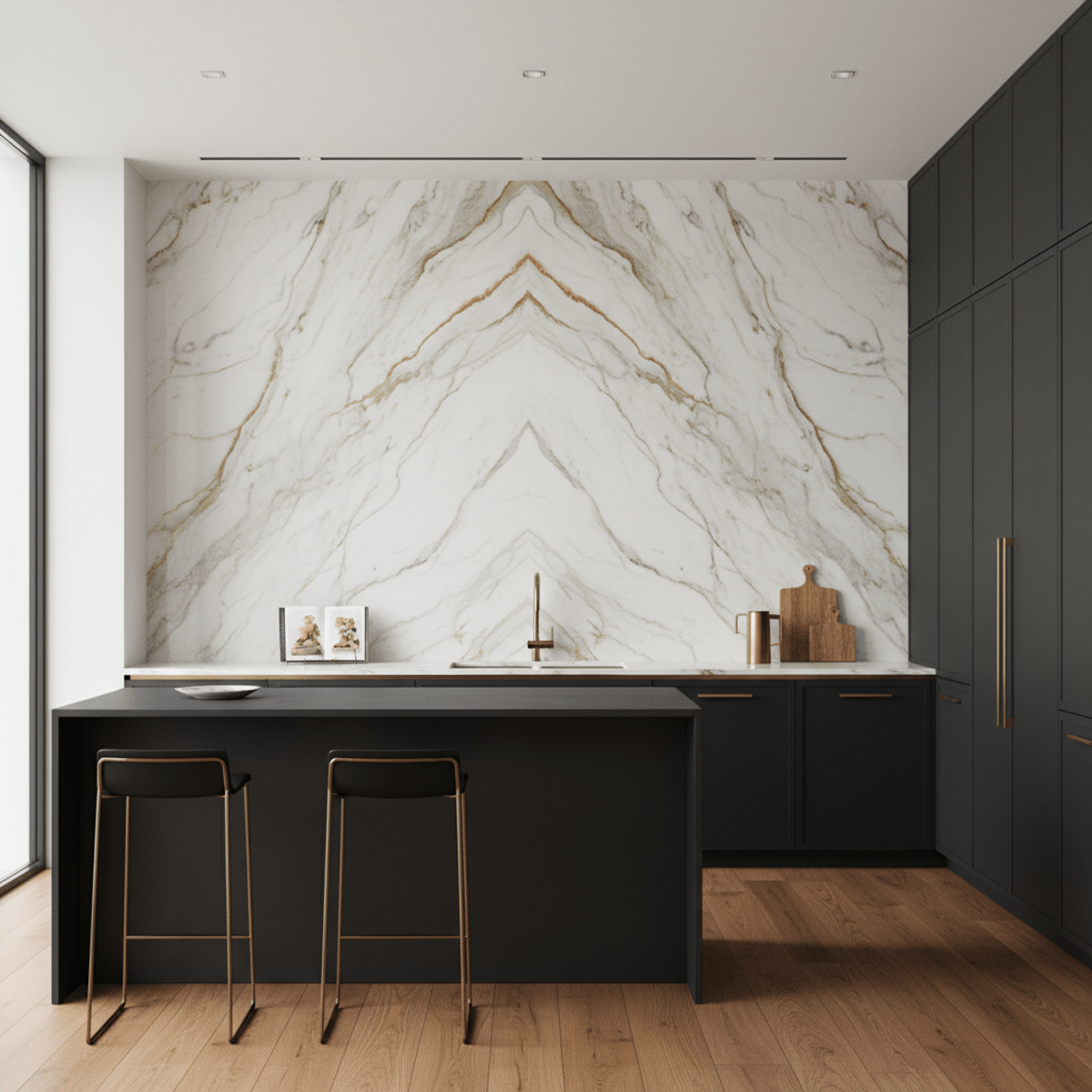 Luxurious kitchen with a dramatic floor-to-ceiling Calacatta marble backsplash.
