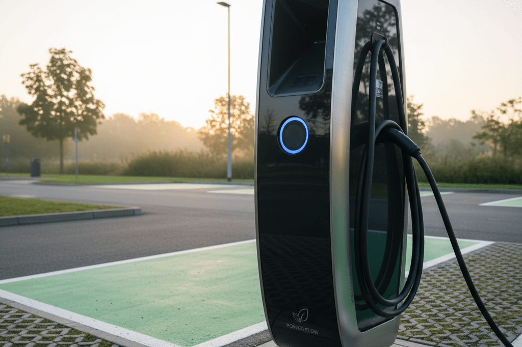 Close-up view of an elegant electric vehicle charging station under soft morning light, reflecting sustainable transportation advancements