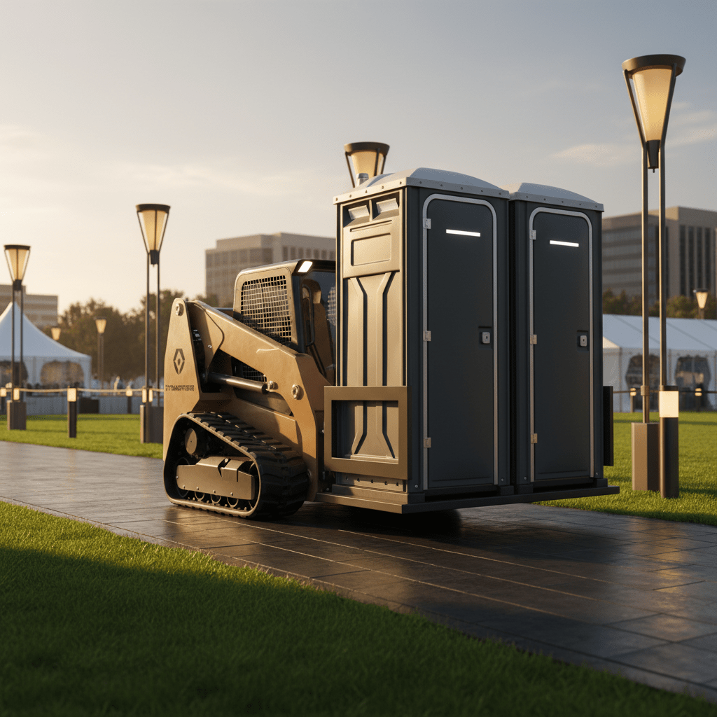 Mini skid loader transports portable restrooms at a corporate event venue.