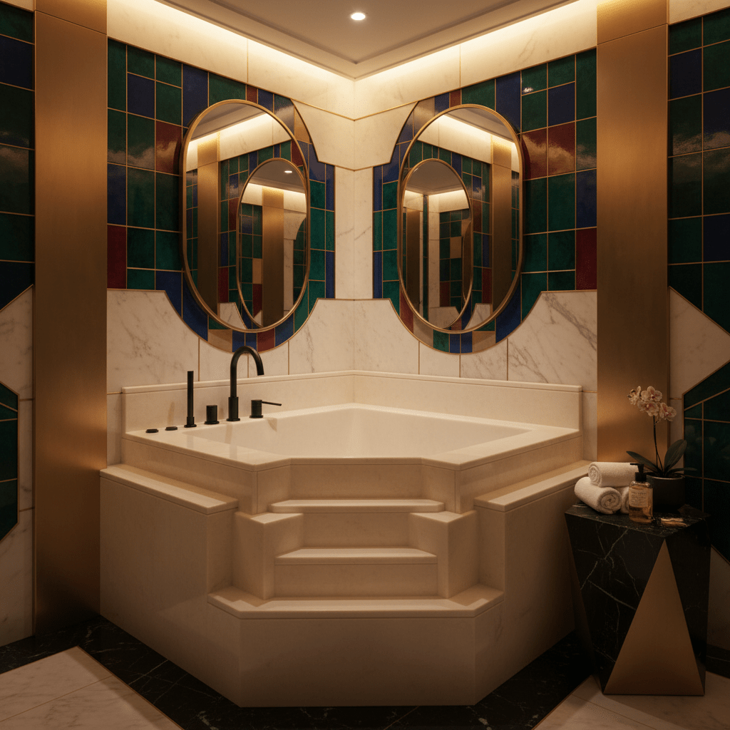 Luxurious Art Deco soaking tub with geometric jewel-toned tiles and matte black fixtures.