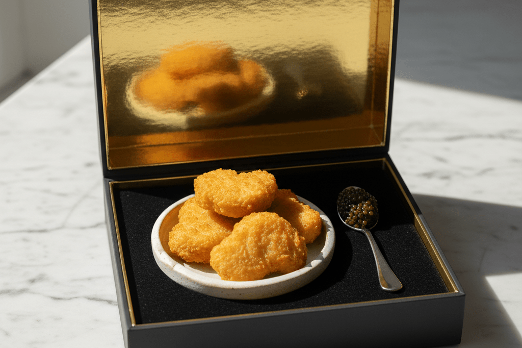 Medium shot of an unbranded black luxury gift box containing golden chicken nuggets and black caviar on white marble countertop