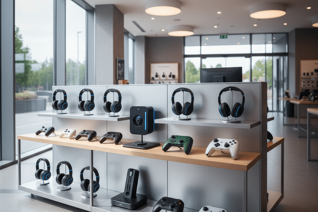 Modern electronics store display featuring gaming accessories like headsets and controllers under natural window light