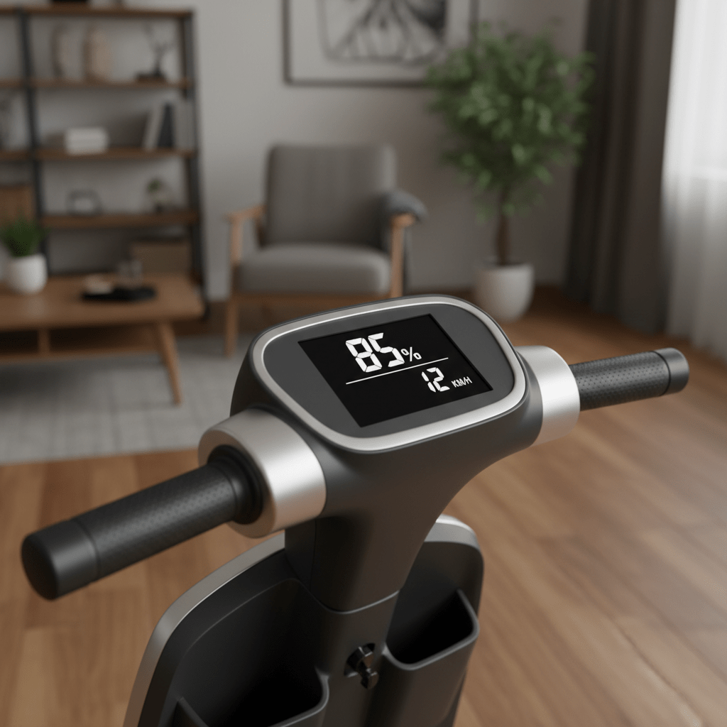 Mobility scooter dashboard with digital display and textured grips Close-up of mobility scooter dashboard showing battery level and speed on a clear digital screen.