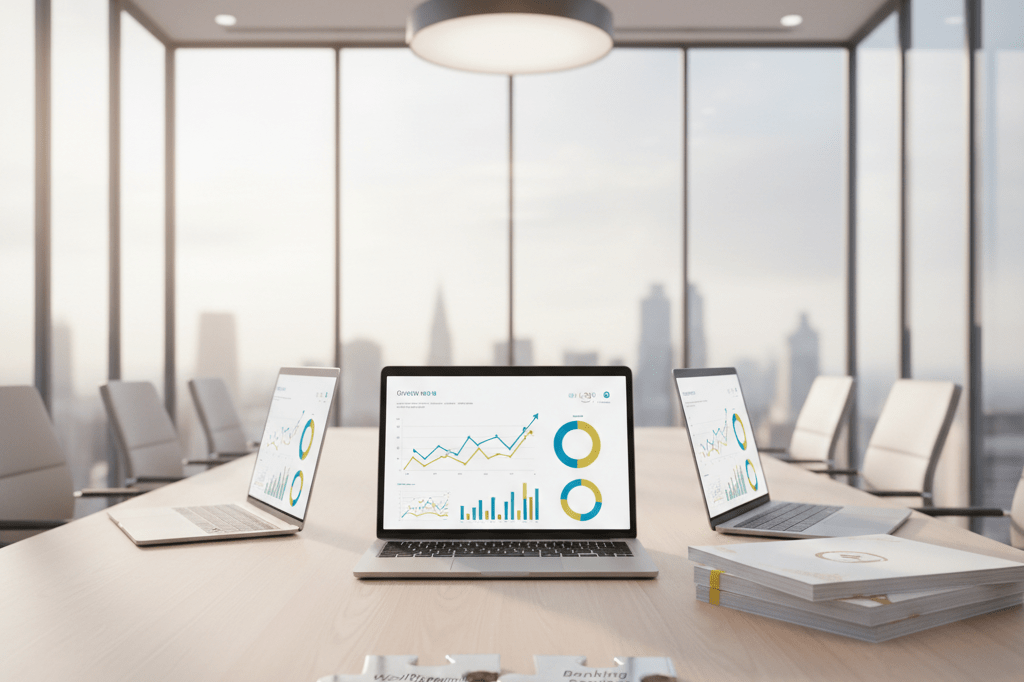 Medium shot of interlocking metal puzzle pieces and financial dashboards on a conference table under natural light