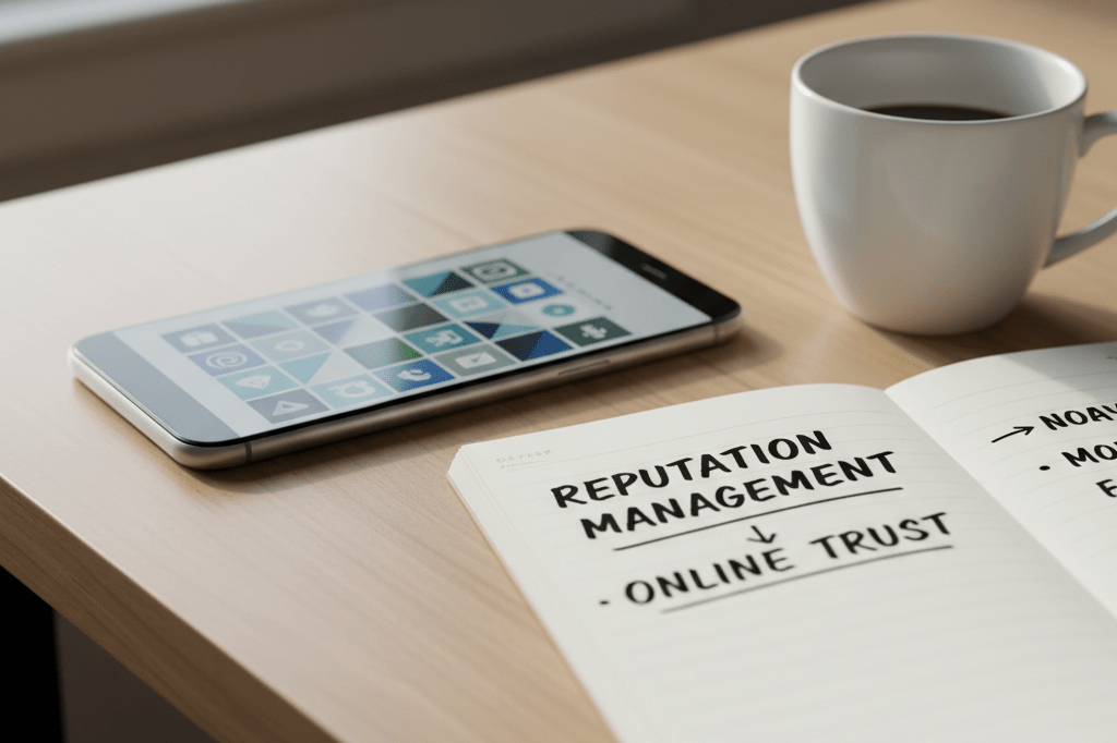 Close-up of a smartphone screen with social media apps amidst reputation management notes, lit by natural indoor light