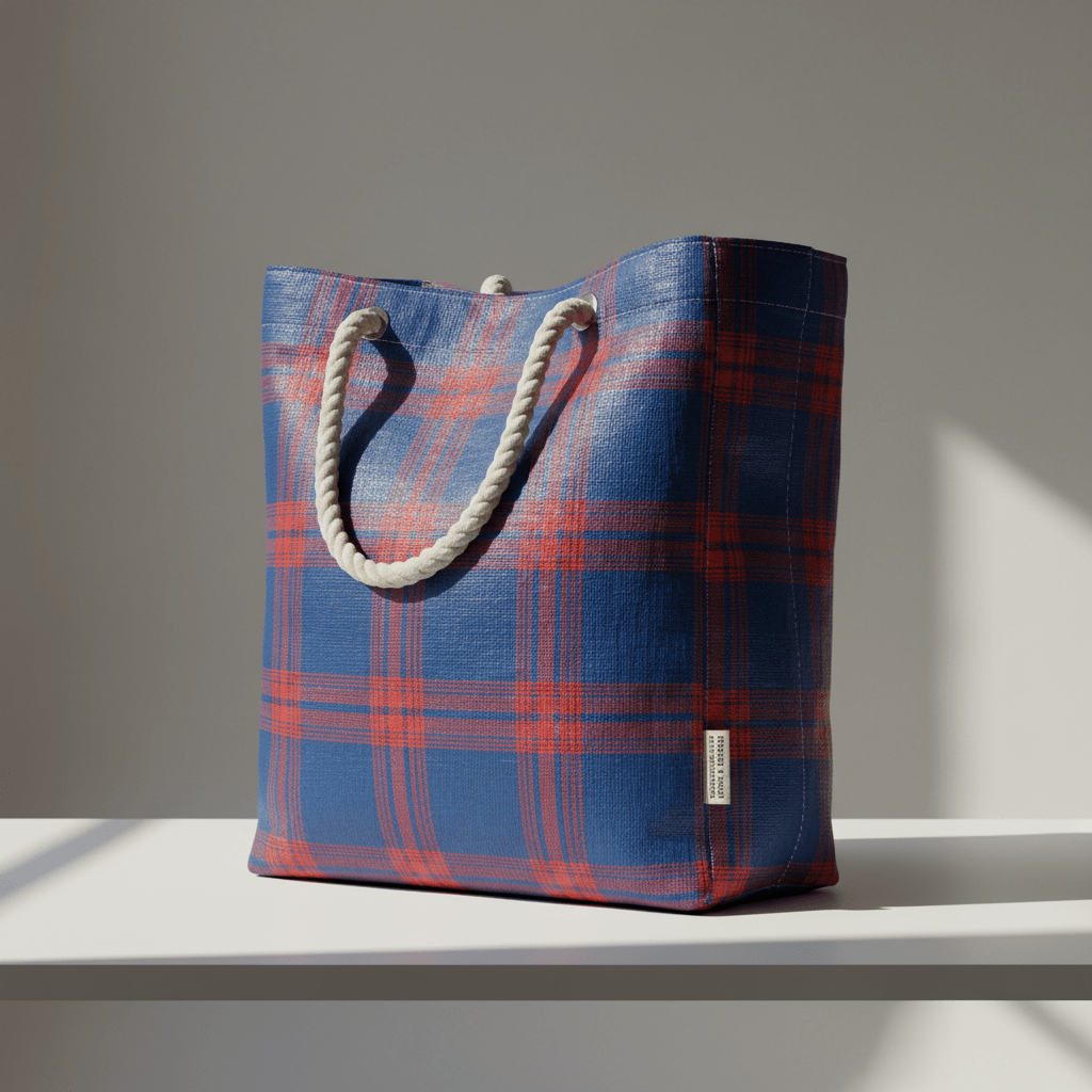 Sustainable Ghana Must Go bag remake from recycled ocean plastic and organic cotton.