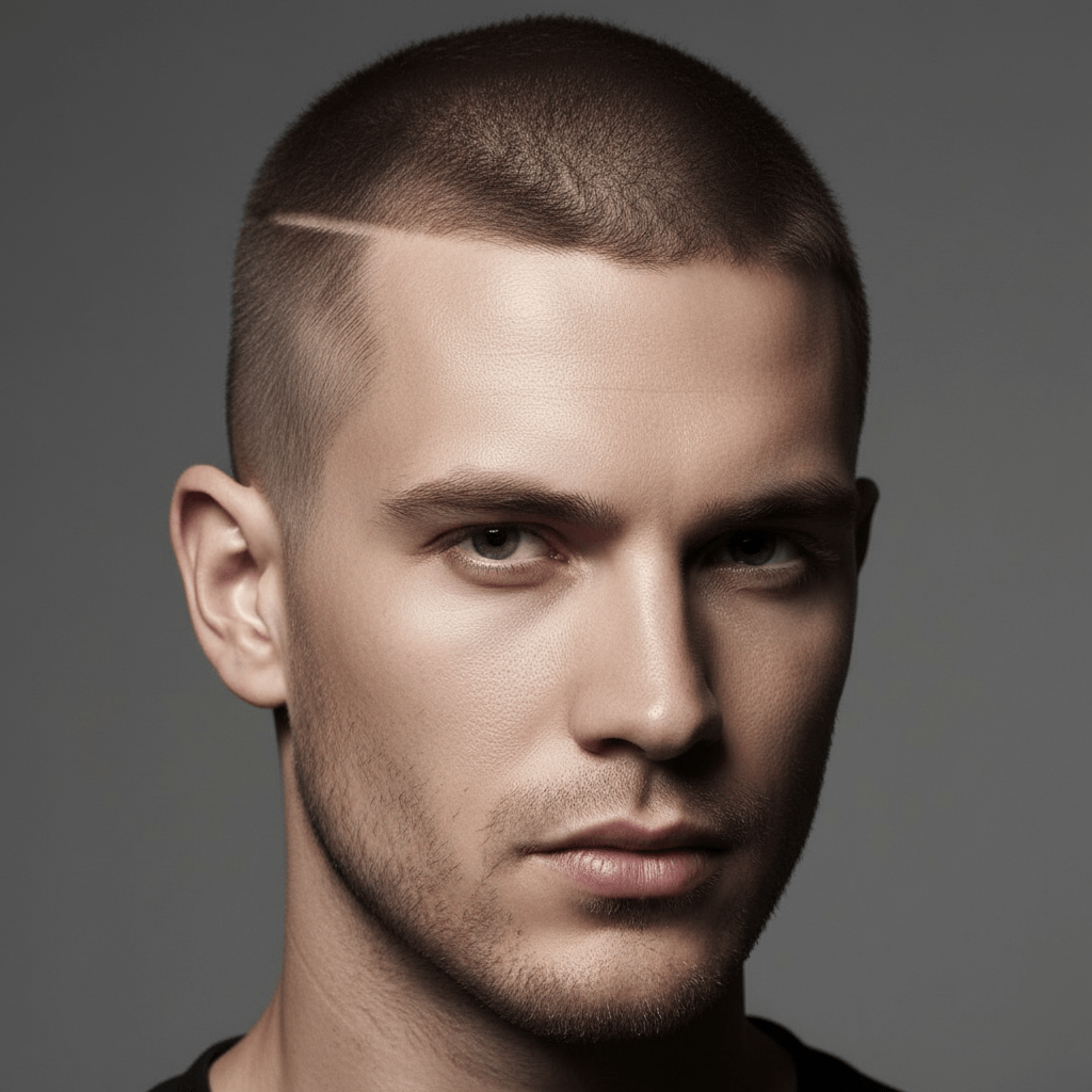 Man's close-up portrait with a precise graphic buzz cut and geometric temple detail.