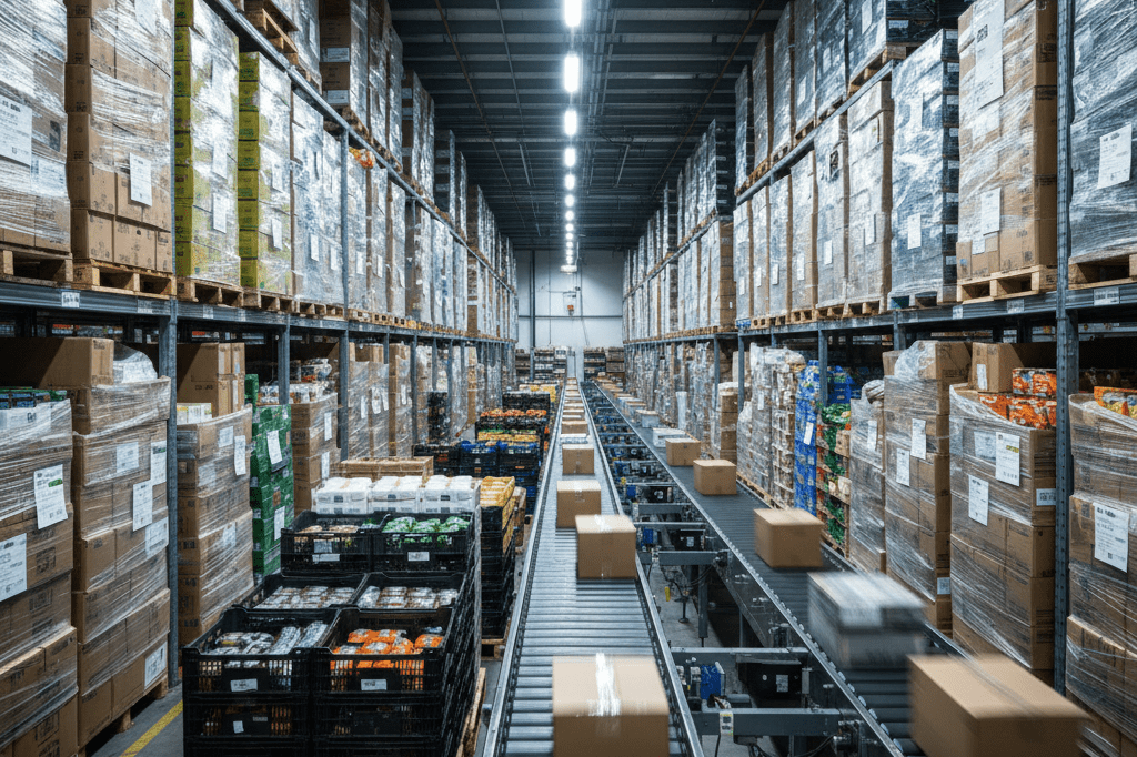 Busy distribution center handling compressed inventory surge before closure Industrial warehouse aisle packed with boxes under bright lights showing supply chain pressure