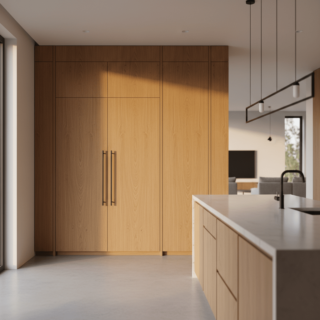 Modern kitchen with refrigerator hidden behind aligned wood paneling and concrete floor.