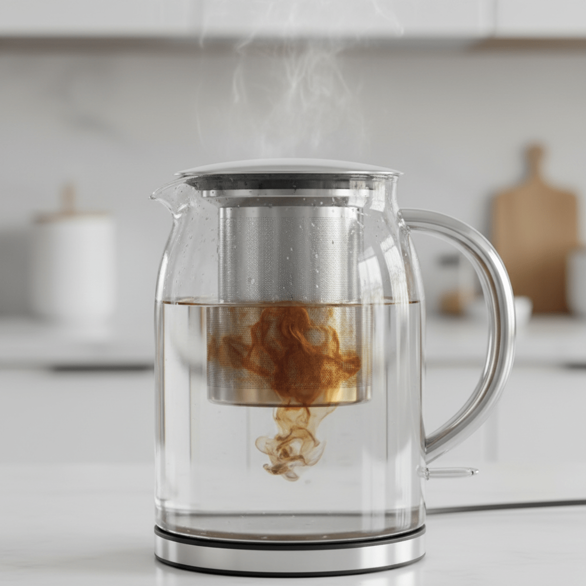 Electric glass tea kettle with infuser steeping loose tea leaves in clear water.