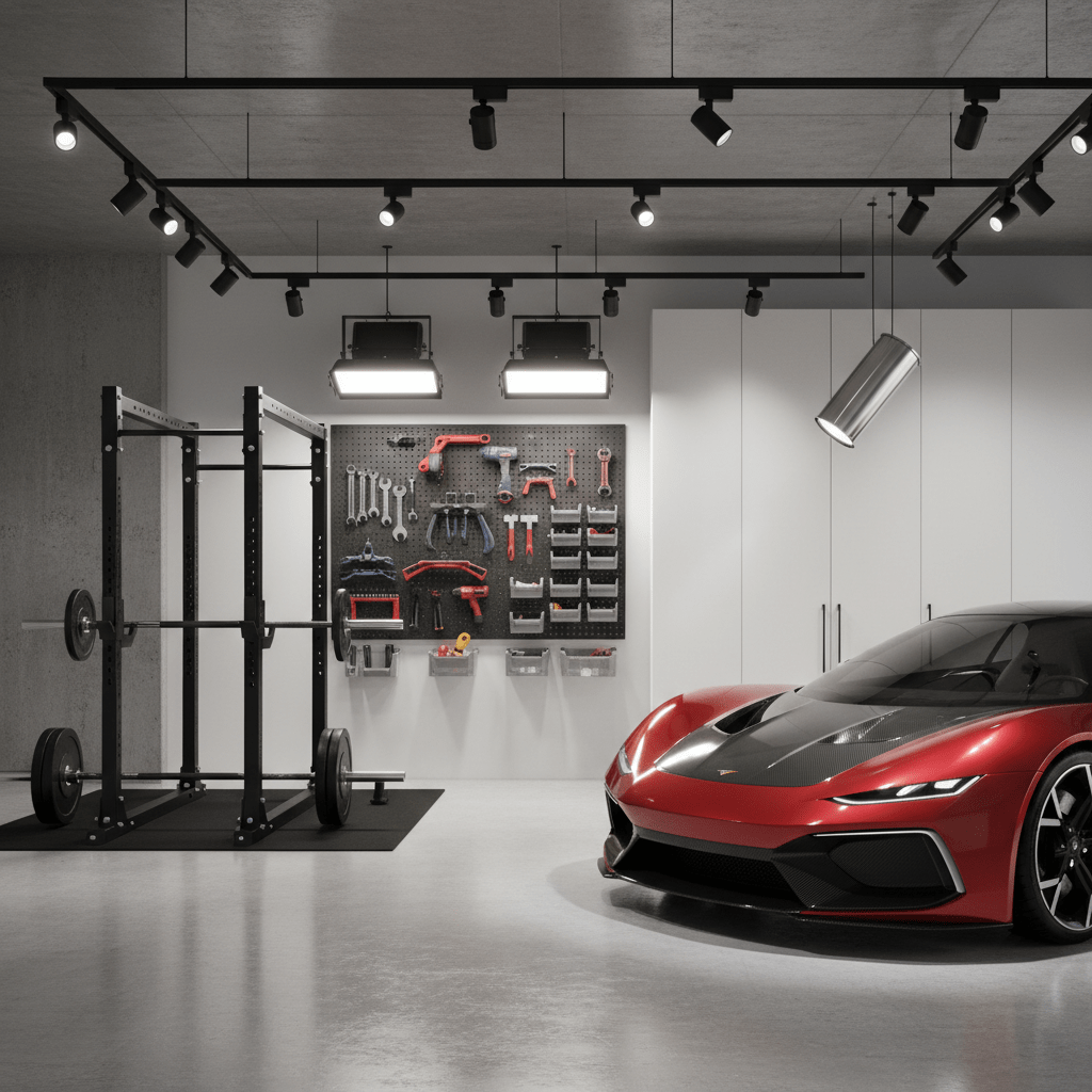 Sleek modern garage with flexible track lighting, gym equipment, tool wall, and sports car.