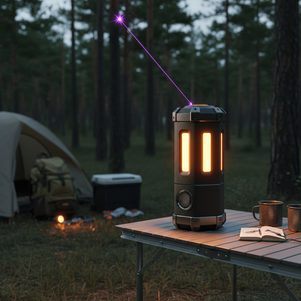 Futuristic laser bug zapper lantern on camping table at dusk. A futuristic portable laser bug zapper lantern glows warmly on a camping table at dusk.