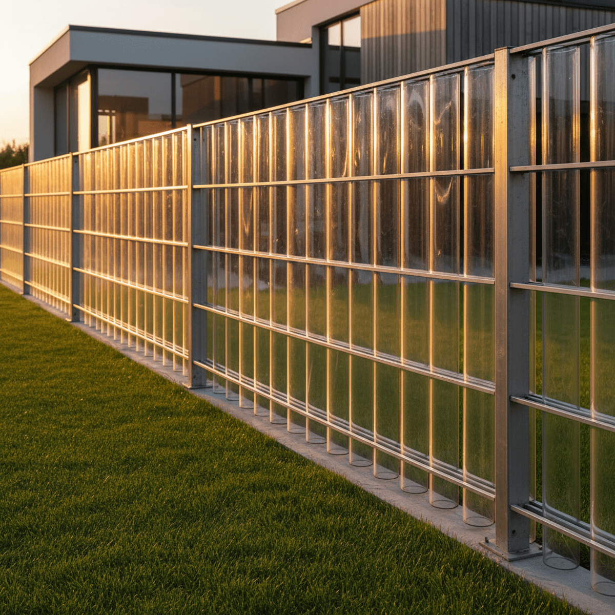 Contemporary property perimeter with evacuated glass solar heaters glowing in golden hour sunlight.