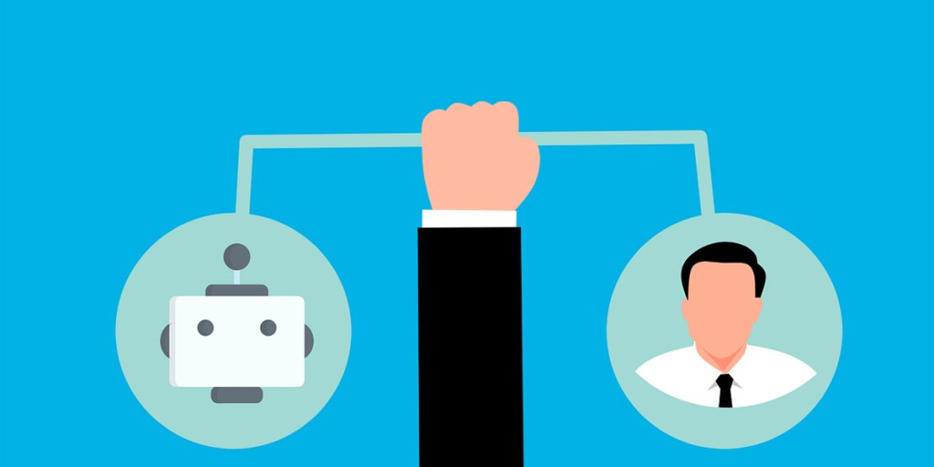 A drawing of a hand holding a scale with drawings of a person and a robot