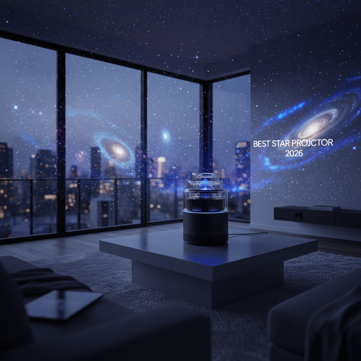 Sleek matte black projector displaying a deep, 3D holographic starfield.