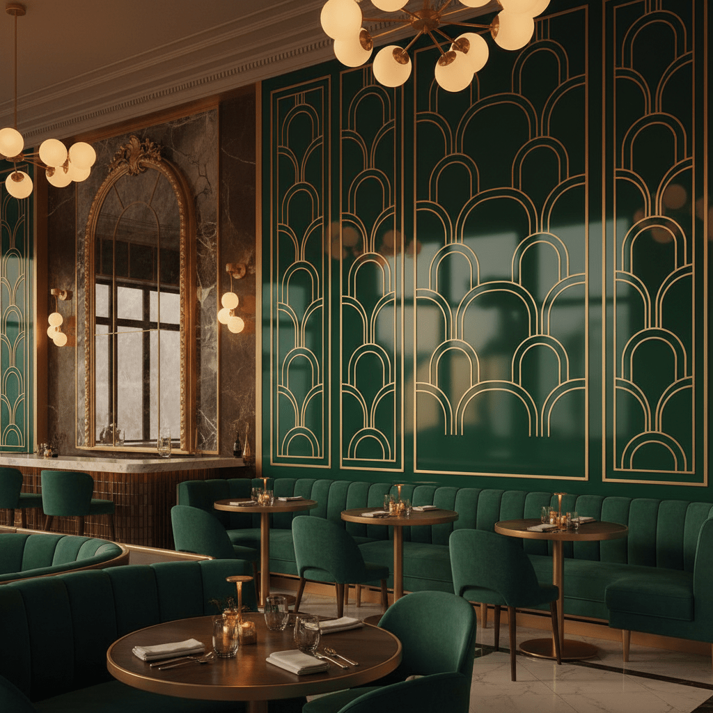 Sophisticated Art Deco wall paneling with geometric arches and glossy lacquer in a restaurant.